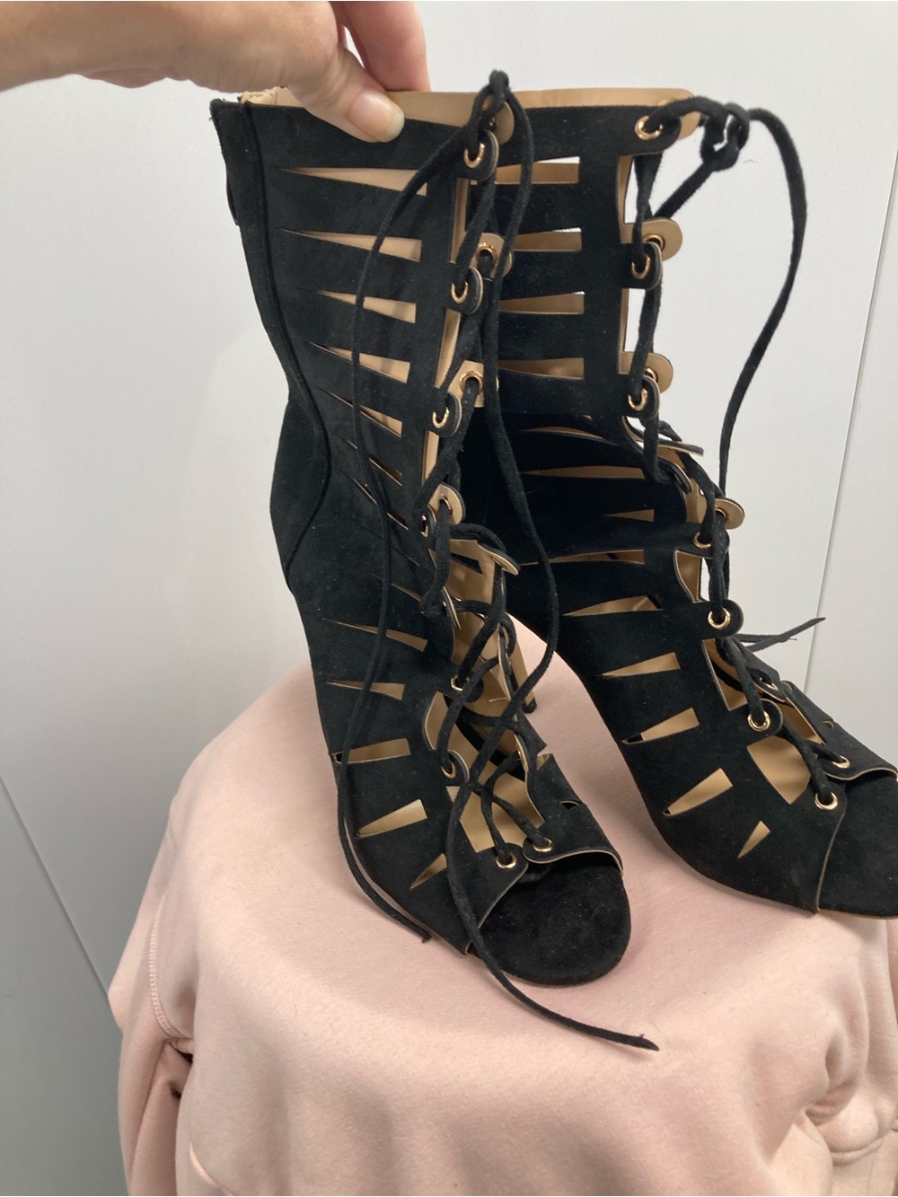Black Lace-Up Cutout Heeled Sandals - Women